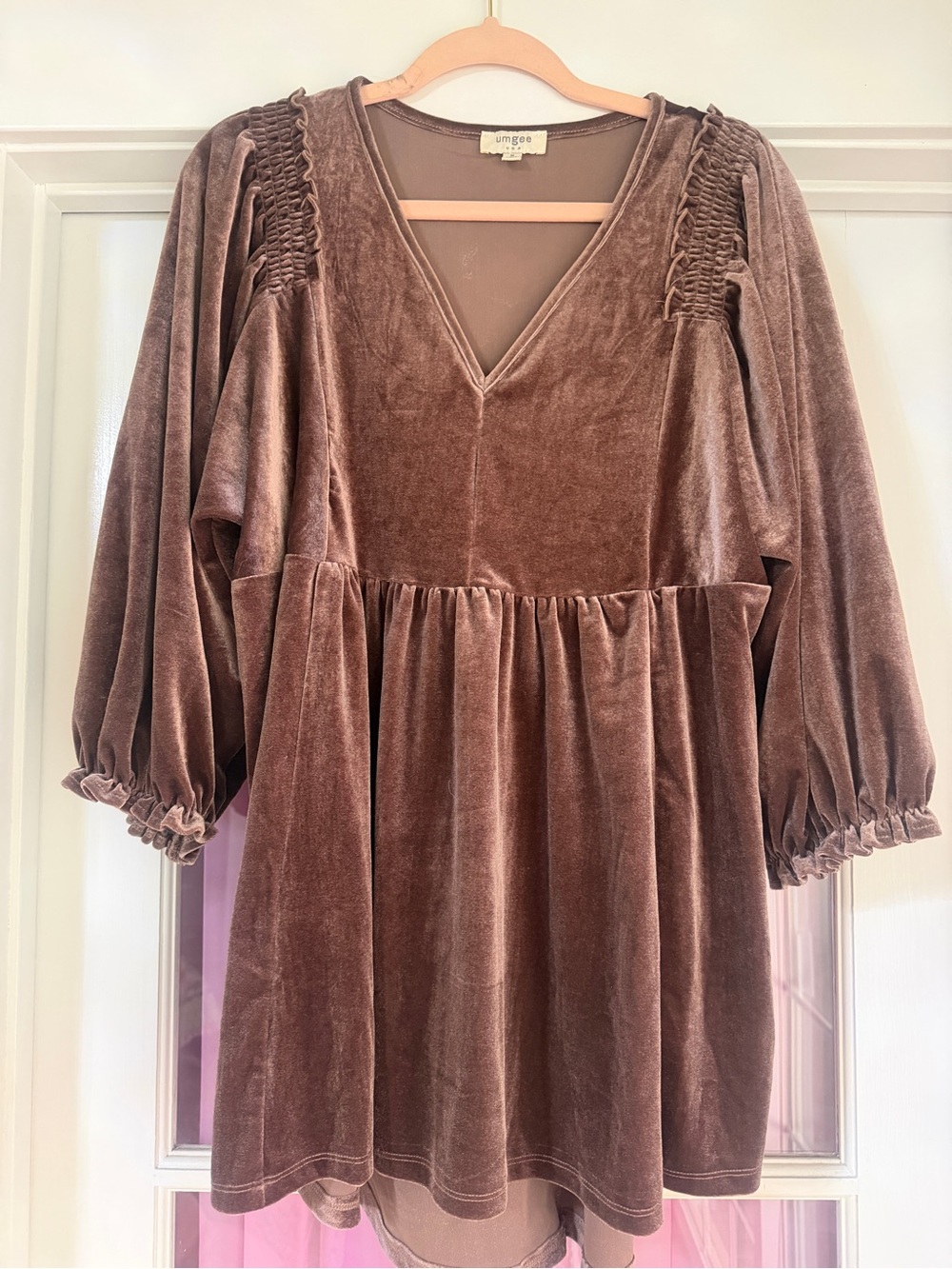 Umgee Velvet Smocked Shoulder Babydoll Tunic - Mauve Taupe